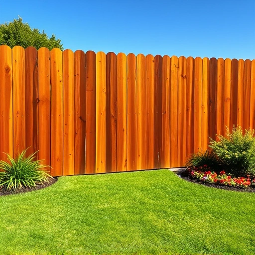 Completed fence staining project in Garland TX showcasing a rich wooden fence and vibrant green lawn with flower beds.