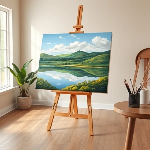 Completed painting in Sachse TX featuring vibrant colors, serene landscape, and a stylish studio setup.