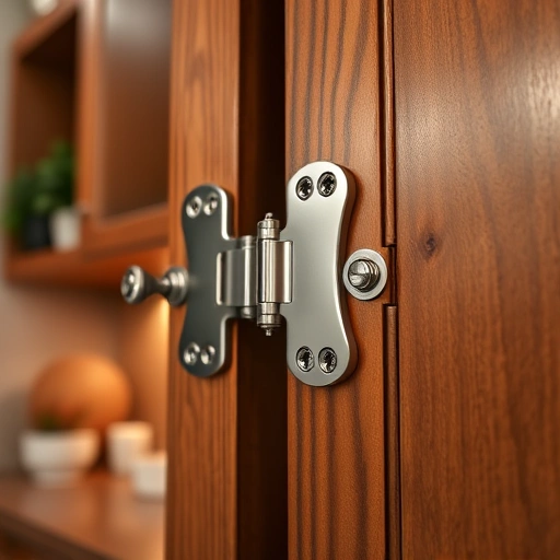 Close-up of polished cabinet hinges on a beautifully crafted wooden cabinet in an inviting kitchen setting.