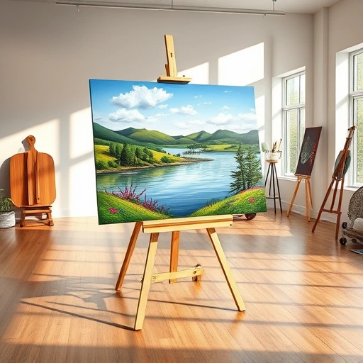 Vibrant painting of serene landscape in spacious studio with natural light and art supplies enhancing creativity.