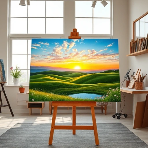 Completed painting in Celina TX features rolling hills, sunset hues, wildflowers, a serene pond, and a professional studio.