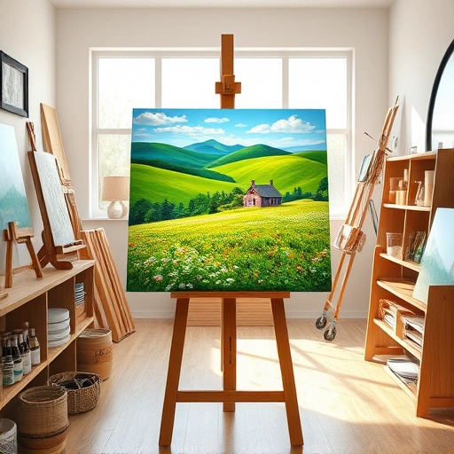 A serene landscape painting in Coppell, TX features vibrant colors, rolling hills, a farmhouse, and a bright art studio.