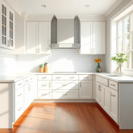 Modern kitchen in St. Paul TX featuring beautifully painted white and gray cabinets, quartz countertops, and wood flooring.