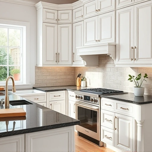 Beautifully painted kitchen cabinets in Seagoville TX with high-gloss white finish and elegant dark granite countertop.