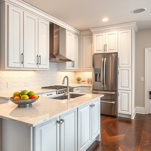 Kitchen with glossy white cabinets, polished quartz countertop, stainless steel appliances, and warm lighting in Addison TX.