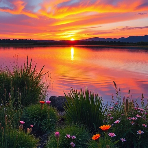 Tranquil lake at sunset in Garland TX with vibrant colors, lush greenery, wildflowers, and distant hills.