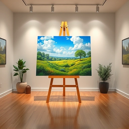Vibrant landscape painting on a wooden easel in a modern gallery with soft walls and warm lighting.