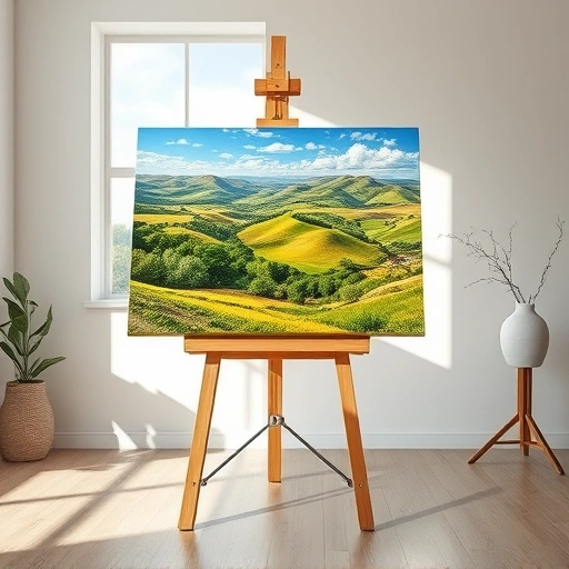 Completed landscape painting in Royse City TX, showcasing rolling hills and vibrant colors in a minimalist studio.