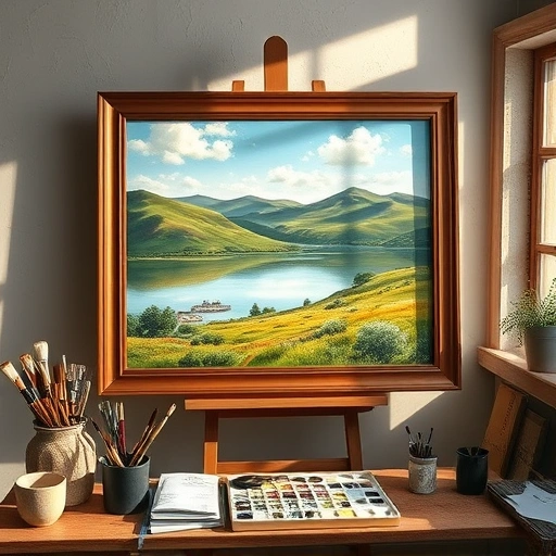 Vibrant landscape painting in Caddo Mills TX with rolling hills, serene lake, and organized art supplies in studio.