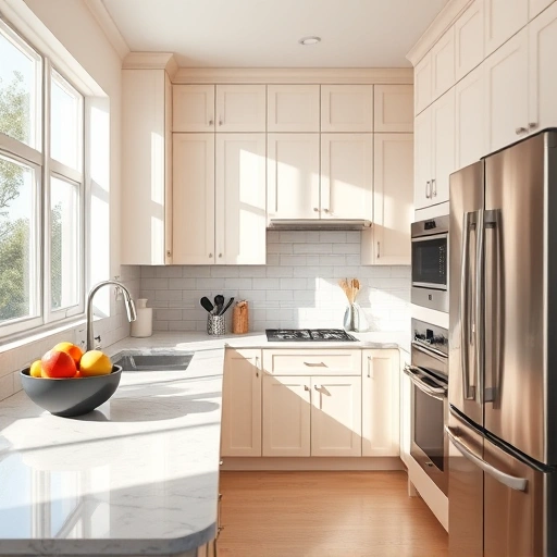 Modern kitchen in Parker TX with freshly painted cabinets, polished marble countertops, and stainless steel appliances.