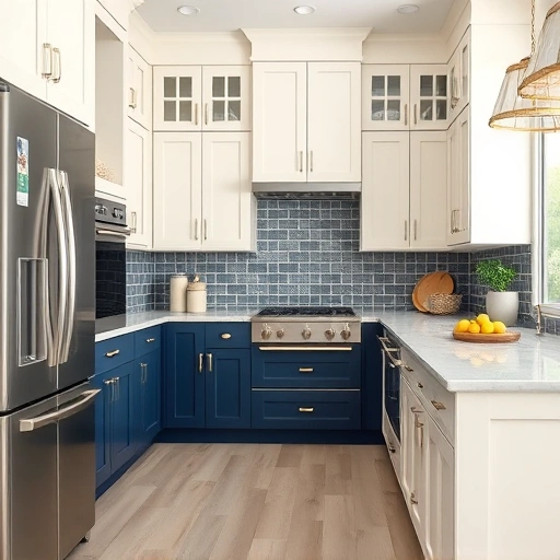 Beautiful kitchen in Parker TX with creamy white and navy cabinets, stainless steel appliances, and marble countertops.