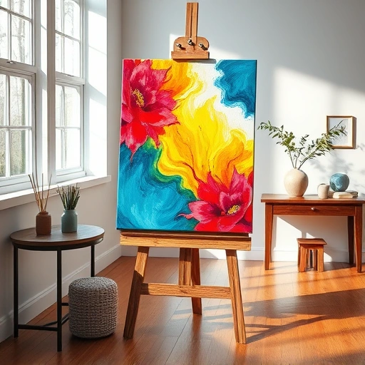 Completed painting on rustic easel in minimalist studio with natural light, art supplies, and elegant decor in Addison, TX.