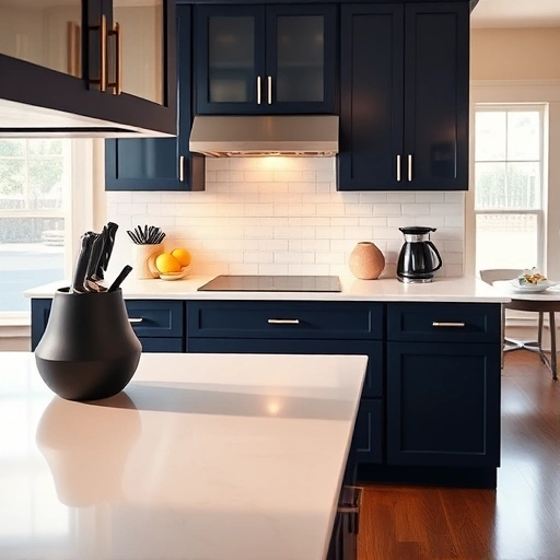 Beautiful navy blue cabinets in a transformed kitchen with white quartz countertops and stylish accessories.