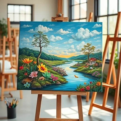 Completed painting in Prosper TX featuring vibrant colors and serene landscape in a professional art studio.