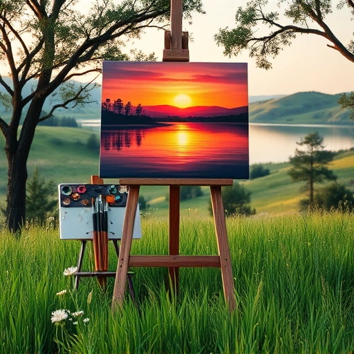 Vibrant landscape painting in Josephine TX featuring sunset over a tranquil lake with lush grass and wildflowers.