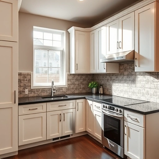 Beautifully painted creamy white cabinets in a refined kitchen with dark granite countertops and elegant tile backsplash.