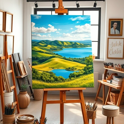 Completed landscape painting in Princeton TX featuring rolling hills, lake, and lush greenery in a cozy art studio.