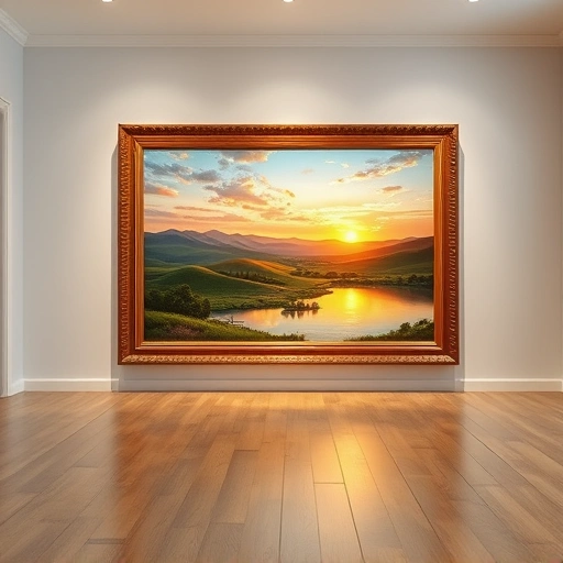 Completed painting in Heath TX features a serene landscape with vibrant colors and a tranquil lake in a minimalist gallery.