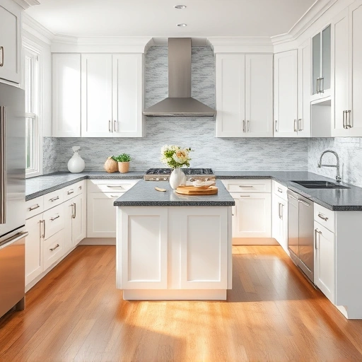 Beautifully transformed kitchen in Heath TX with glossy white cabinets, gray granite countertops, and warm wood flooring.