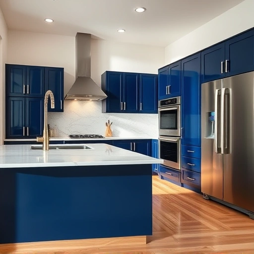 Stunning kitchen in St. Paul TX with navy blue cabinets, white quartz countertop, and elegant ceramic tile backsplash.