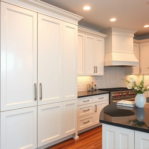 Cabinet painting in Fairview TX with creamy white cabinets, dark granite countertops, and elegant modern hardware.