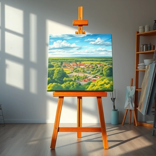 Completed painting in Seagoville TX featuring vibrant colors, serene landscape, and a polished wooden easel.