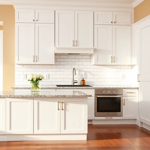 Beautifully transformed kitchen in Sunnyvale TX with light grey cabinets, polished granite, and elegant brushed nickel hardware.