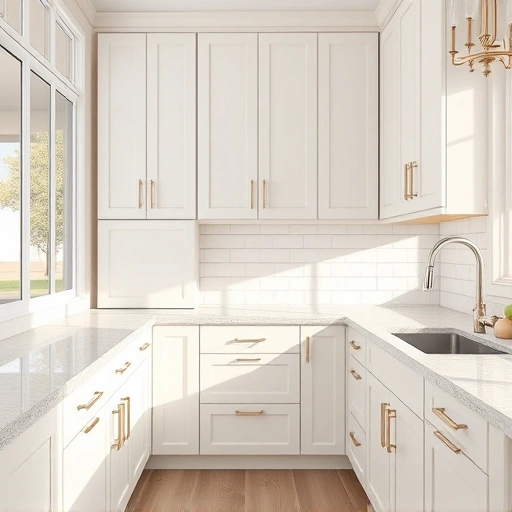 Modern kitchen in Anna TX featuring freshly painted creamy white cabinets, elegant hardware, and light granite countertops.