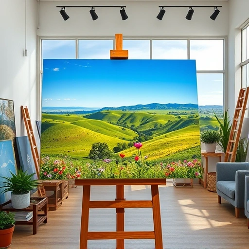 Completed painting of Parker TX landscape with hills, greenery, and wildflowers in a modern art studio setting.