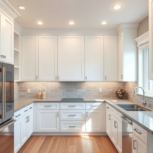 Modern kitchen in Garland, TX featuring white painted cabinets, gray quartz countertops, and subtle contemporary decor.