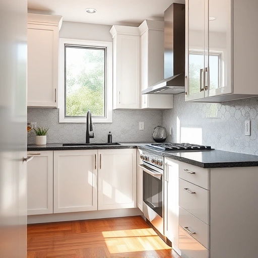 Modern kitchen in Farmers Branch TX with elegant white cabinets, dark granite countertops, and stainless steel appliances.