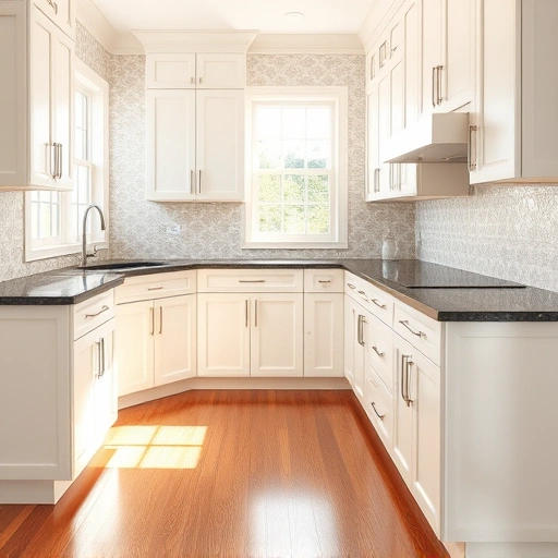 Beautifully restored kitchen in St. Paul TX with white cabinets, dark granite countertops, and elegant tile backsplash.