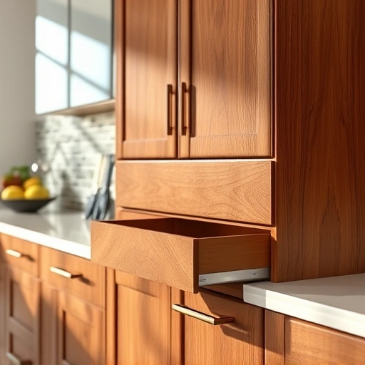 Cabinet drawer front replacement in Garland TX showcasing polished wood finish, modern handles, and elegant kitchen decor.