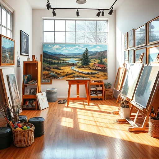 Vibrant art studio in Richardson TX with landscape painting, art supplies, and framed artwork creating an inviting atmosphere.