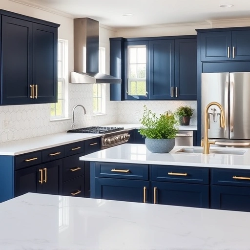 Cabinet painting in a modern kitchen with navy blue cabinets, brass handles, white quartz countertops, and natural light.