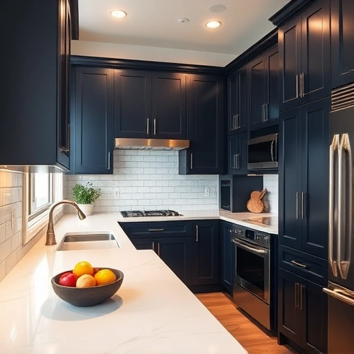 Beautiful navy blue cabinets enhance a modern kitchen with white quartz countertops and stainless steel appliances.