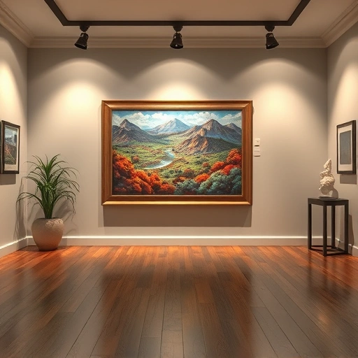 Completed vibrant landscape painting in a well-lit gallery in Melissa TX, framed elegantly with minimalist decor.