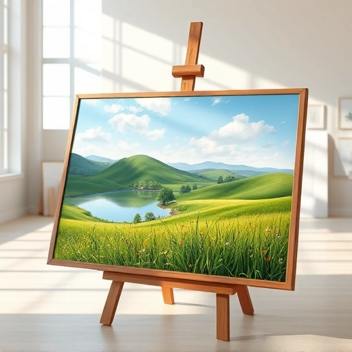 Vibrant landscape painting in Lavon TX with rolling hills, serene lake, wildflowers, and rustic wooden frame.