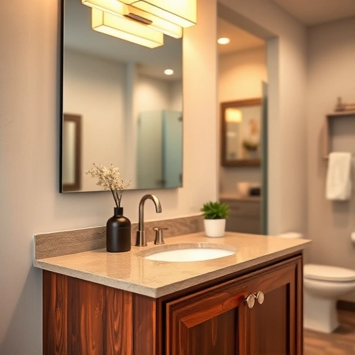 Completed bathroom vanity painting in Garland TX showcasing refinished wood, glossy finish, and elegant decor.