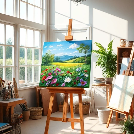 tranquil art studio in Garland TX with natural light, detailed landscape painting, vibrant colors and art supplies