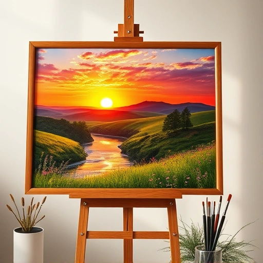 Completed painting in Mesquite TX features vibrant sunset over hills with a river, wildflowers, and artist tools nearby.