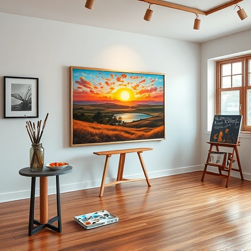Completed painting in Frisco TX showcasing vibrant colors and serene Texas landscape in a modern gallery setting.