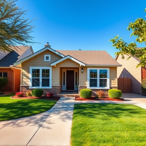 Completed exterior painting of a charming beige home in Garland TX with white trim and vibrant landscaping.