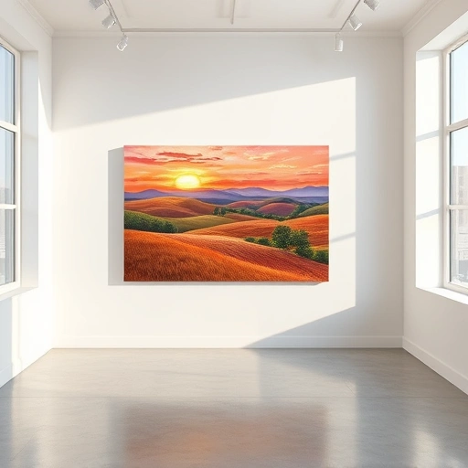 Vibrant landscape painting in bright gallery with rolling hills and sunset hues in Garland TX's serene atmosphere.