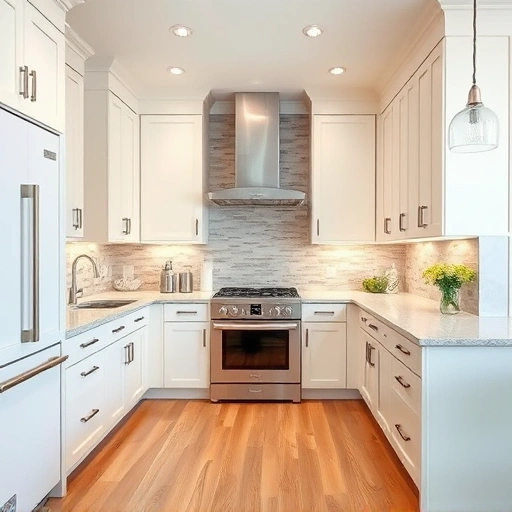 Completed cabinet painting in McKinney TX featuring custom cabinets, polished quartz countertops, and natural stone backsplash.