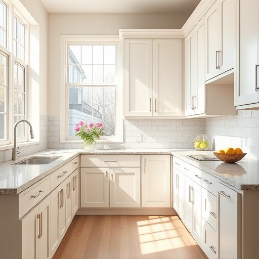 Modern kitchen in Garland TX with freshly painted creamy white cabinets, polished countertops, and bright decor elements.