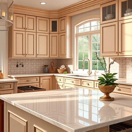 Beautiful kitchen in Farmers Branch TX featuring elegantly painted cabinets, polished marble countertops, and tasteful decor.