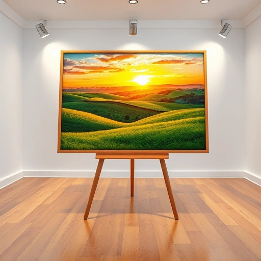 Vibrant landscape painting of rolling hills and sunset, elegantly framed in a minimalist gallery setting.