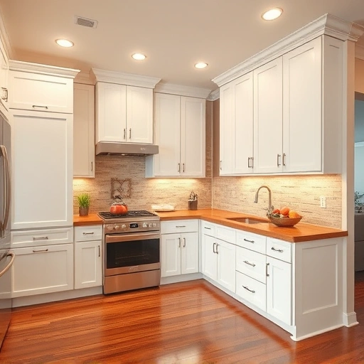 Stunning kitchen in Garland, TX with freshly refinished white cabinets, brushed nickel hardware, and warm wood countertop.