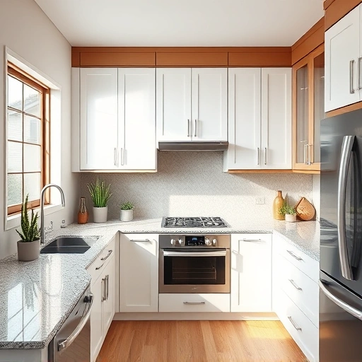 Elegant high-gloss white cabinets in a modern kitchen with granite countertops and natural light in Frisco TX.